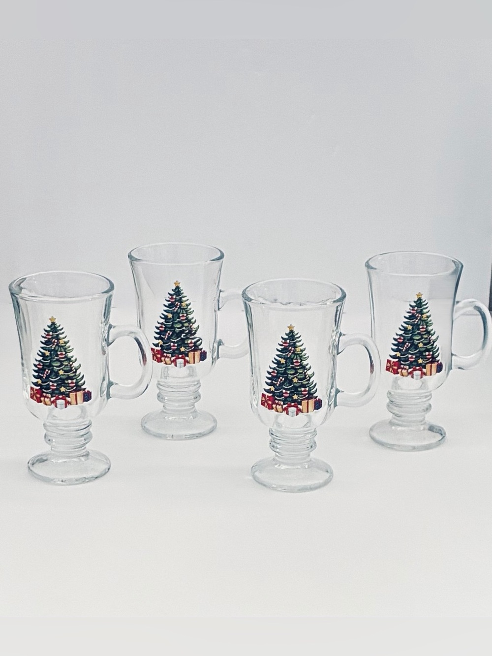 Clear Glass Holiday Pedestal Christmas Tree Coffee Mugs Set Of 4
